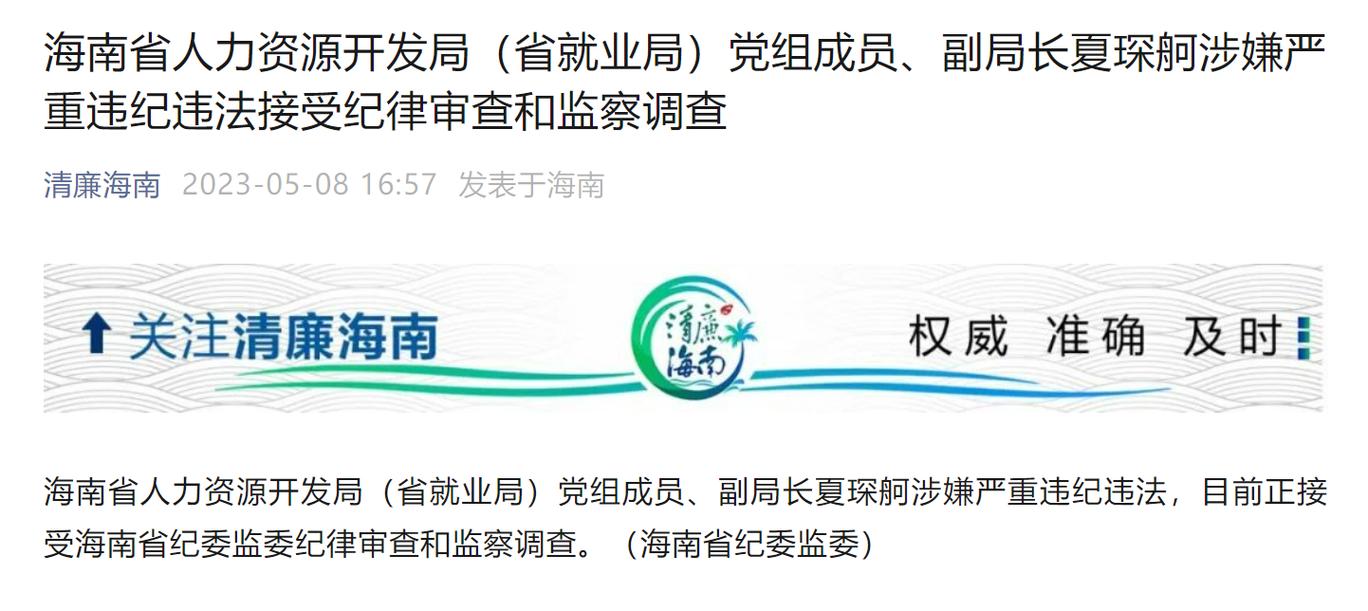 海南省人力资源开发局(省就业局)党组成员,副局长夏琛舸接受审查调查